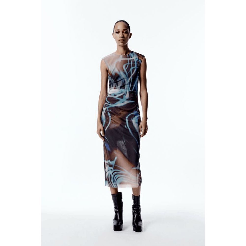 ZARA WOMAN NWT PRINTED TULLE DRESS BLUE BLACK - Picture 11 of 13